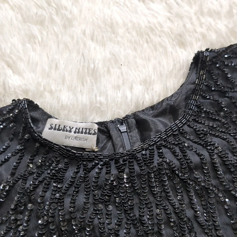 80s Vintage Silky Nites by Cherish Black Sequin & Beaded Cocktail Dress - Picture 3 of 15